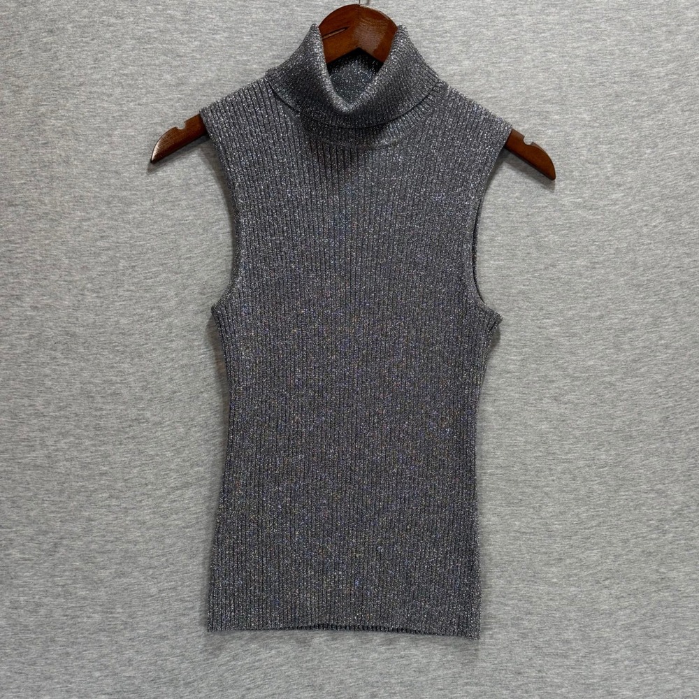 Cable & Gauge Sleeveless Turtleneck Top Womens M Silver Metallic Rib Silk Blend